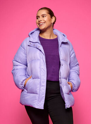 Kort pufferjacka med huva, Lavender, Model image number 0