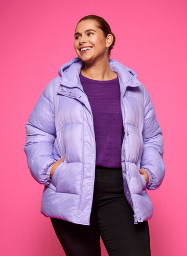 Kort pufferjacka med huva, Lavender, Model image number 0