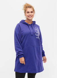 Lång sweatshirt med huva och fickor, Deep Blue, Model