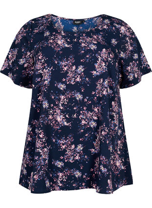 Blus med korta ärmar och tryck från FLASH, Navy Rose Flower, Packshot image number 0