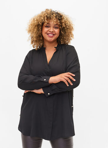 Långärmad skjorta med volangkrage, Black, Model image number 0