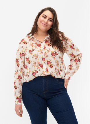 FLASH - Långärmad skjorta med tryck, Off White Flower, Model image number 0
