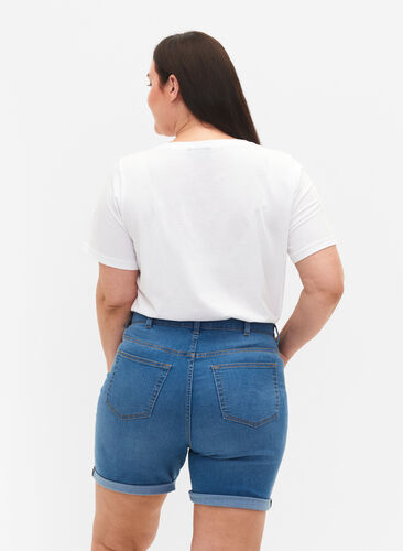 Jeansshorts med hög midja och slim fit, Medium Blue Denim, Model image number 1