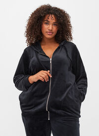 Velourtröja med dragkedja och huva, Black, Model