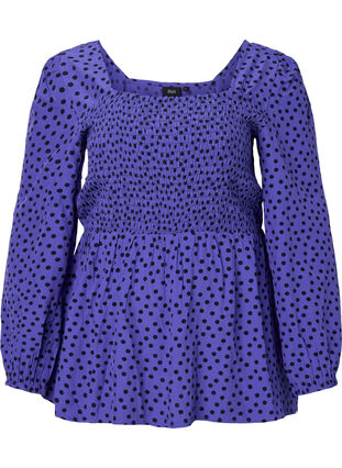 Prickig blus i viskos med smock, R.Blue w. Black Dot, Packshot image number 0