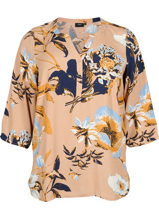 Blus i viskos med 3/4 ärmar, Blue Flower AOP, Packshot image number 0