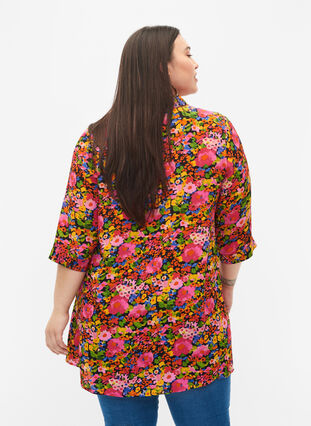Blommig viskostunika med 3/4-ärmar, Neon Flower Print, Model image number 1
