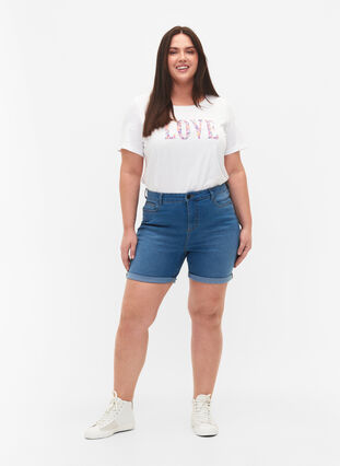 Jeansshorts med hög midja och slim fit, Medium Blue Denim, Model image number 3