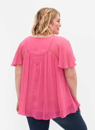 Enfärgad blus med fladdermusärmar och V-ringad hals, Shocking Pink, Model image number 1
