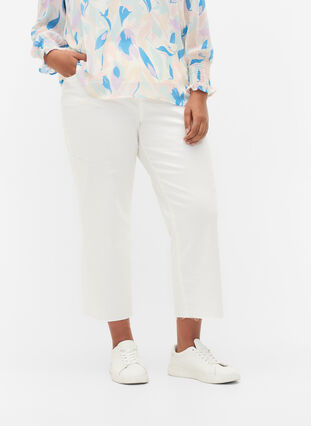 Croppade jeans med råa kanter och hög midja, White, Model image number 2