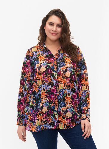FLASH - Långärmad skjorta med blommönster, Orange Pink Flower , Model image number 0