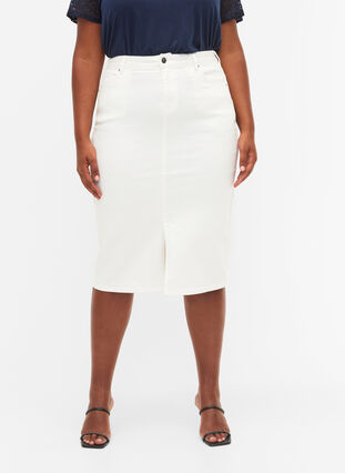 Knälång jeanskjol med slits, White, Model image number 3