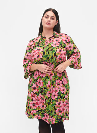 Skjortklänning i viskos med blommönster, Pink G. Flower AOP, Model image number 0