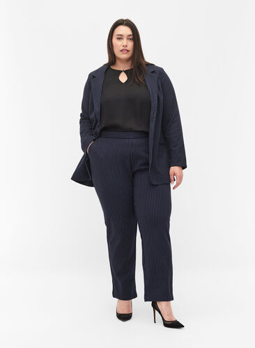 Kritstrecksrandiga byxor med raka ben, Navy Stripe, Model image number 0