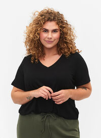 Ribbad t-shirt i viskos, Black, Model