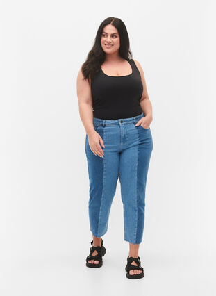 Croppade Vera jeans med colour block, Blue denim, Model image number 0