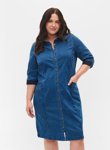 Skjortklänning i denim med 3/4-ärmar, Blue denim, Model image number 0