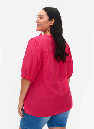 Blus i viskos med puffärm och volanger, Bright Rose, Model image number 1