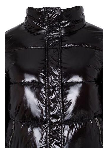 Glansig vinterjacka med dragkedja och knappar framtill, Black, Packshot image number 2