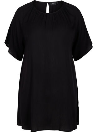 Viskosklänning med korta ärmar, Black, Packshot image number 0