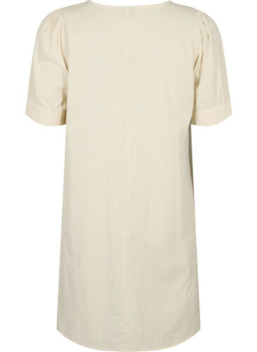 V-ringad klänning i bomullsblandning med linne, Sandshell, Packshot image number 1