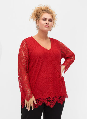 Långärmad spetsblus med V-ringad hals, Tango Red, Model image number 0