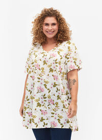 V-ringad tunika med tryck från FLASH, Off White Flower, Model