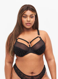 Mönstrad bh med mesh och snörning, Black, Model
