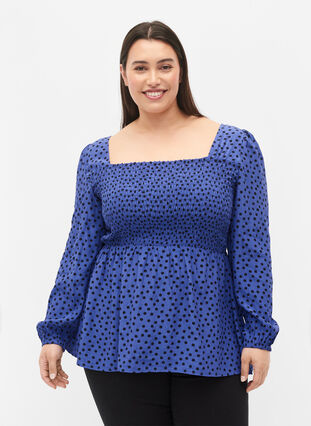Prickig blus i viskos med smock, R.Blue w. Black Dot, Model image number 0