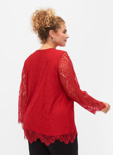 Långärmad spetsblus med V-ringad hals, Tango Red, Model image number 1