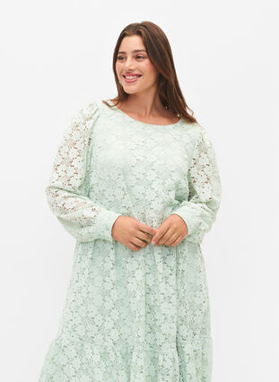 Spetsklänning med långa ärmar, Pastel Green , Model image number 2