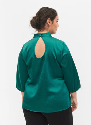 Blus med 3/4-ärmar och murarkrage, Evergreen, Model image number 1