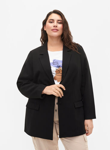 Klassisk blazer med knapp, Black, Model image number 0