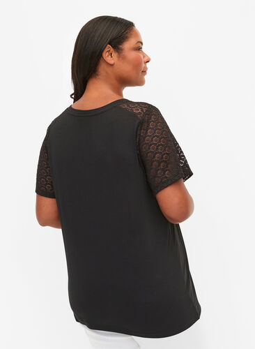 T.shirt med ärmar i spets, Black, Model image number 1