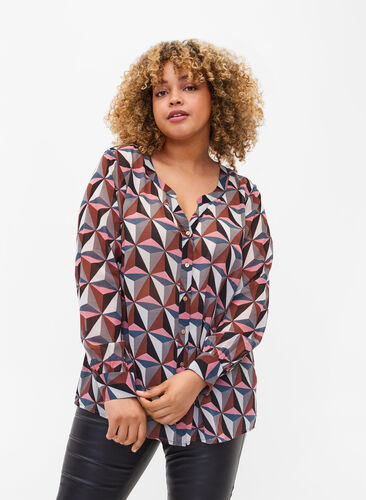 Skjorta med v-ringning och mönster, Graphic Pink, Model image number 0