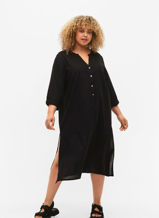 Lång skjortklänning med 3/4-ärmar, Black, Model image number 2