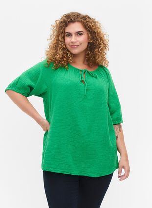 Bomullsblus med 1/2 ärmar, Bright Green, Model image number 0