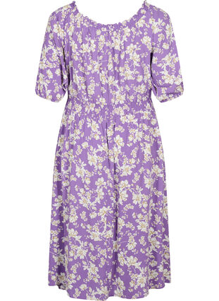 Blommig off-shoulder midiklänning i viskos, Purple Flower AOP, Packshot image number 1