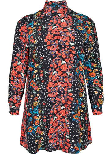 Lång blommig skjorta i viskos, Black Flower, Packshot image number 0