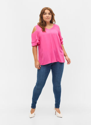Kortärmad blus i viskos, Fuchsia Purple, Model image number 2