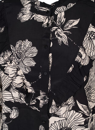Blommig viskosskjorta med volanger, Black White AOP, Packshot image number 2