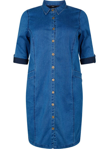 Skjortklänning i denim med 3/4-ärmar, Blue denim, Packshot image number 0
