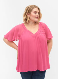 Enfärgad blus med fladdermusärmar och V-ringad hals, Shocking Pink, Model