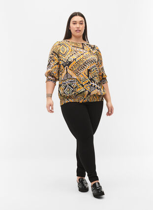 Mönstrad blus med smock och 3/4-ärmar, Yellow Aztec AOP, Model image number 2
