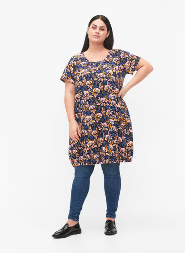 Kortärmad bomullsklänning med mönster, Blue Orange Flower, Model image number 2