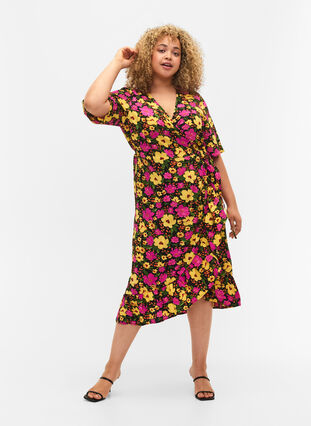Tryckt omlottklänning med korta ärmar, Yellow Pink Flower, Model image number 2