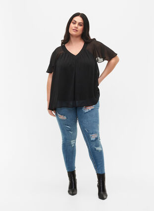Enfärgad blus med fladdermusärmar och V-ringad hals, Black, Model image number 3