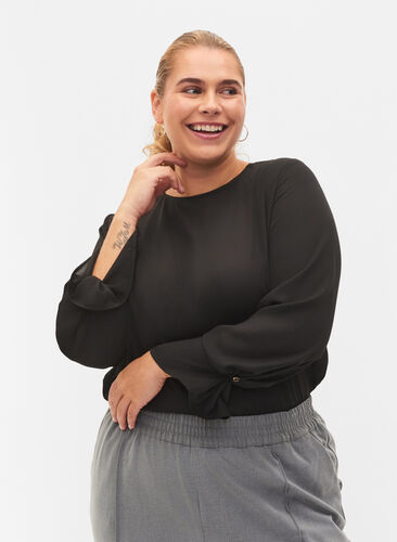 Enfärgad blus med långa ärmar, Black, Model image number 0