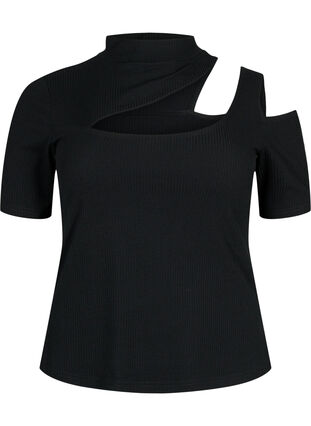 Kortärmad blus med utskuret parti, Black, Packshot image number 0