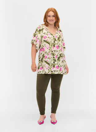 Viskosblus med korta ärmar, Green Pink AOP, Model image number 2